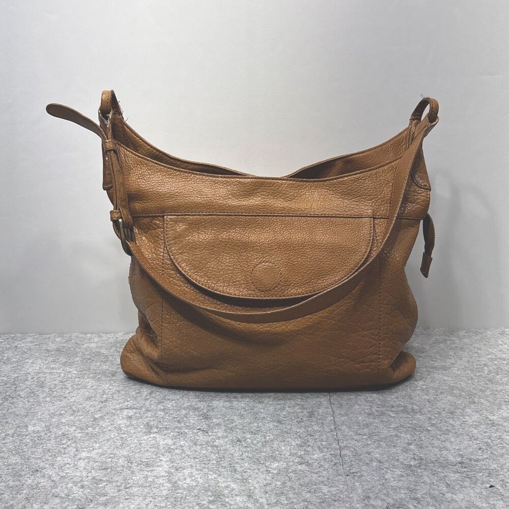 J Jill Pebbled Leather Shoulder Bag Camel Front Back Pockets Divided Medium boho